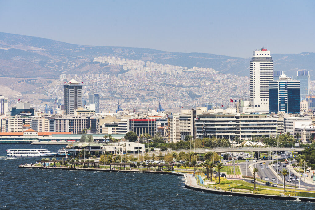 View of Izmir city from a distance. Izmir is the third biggest city of Turkey. (Turkish Riviera Map))